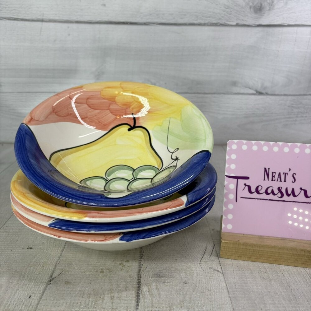 Salute Slu7 FRUIT Pears Grapes Blue Hand Painted Ceramic Rim Soup Bowls Set 4